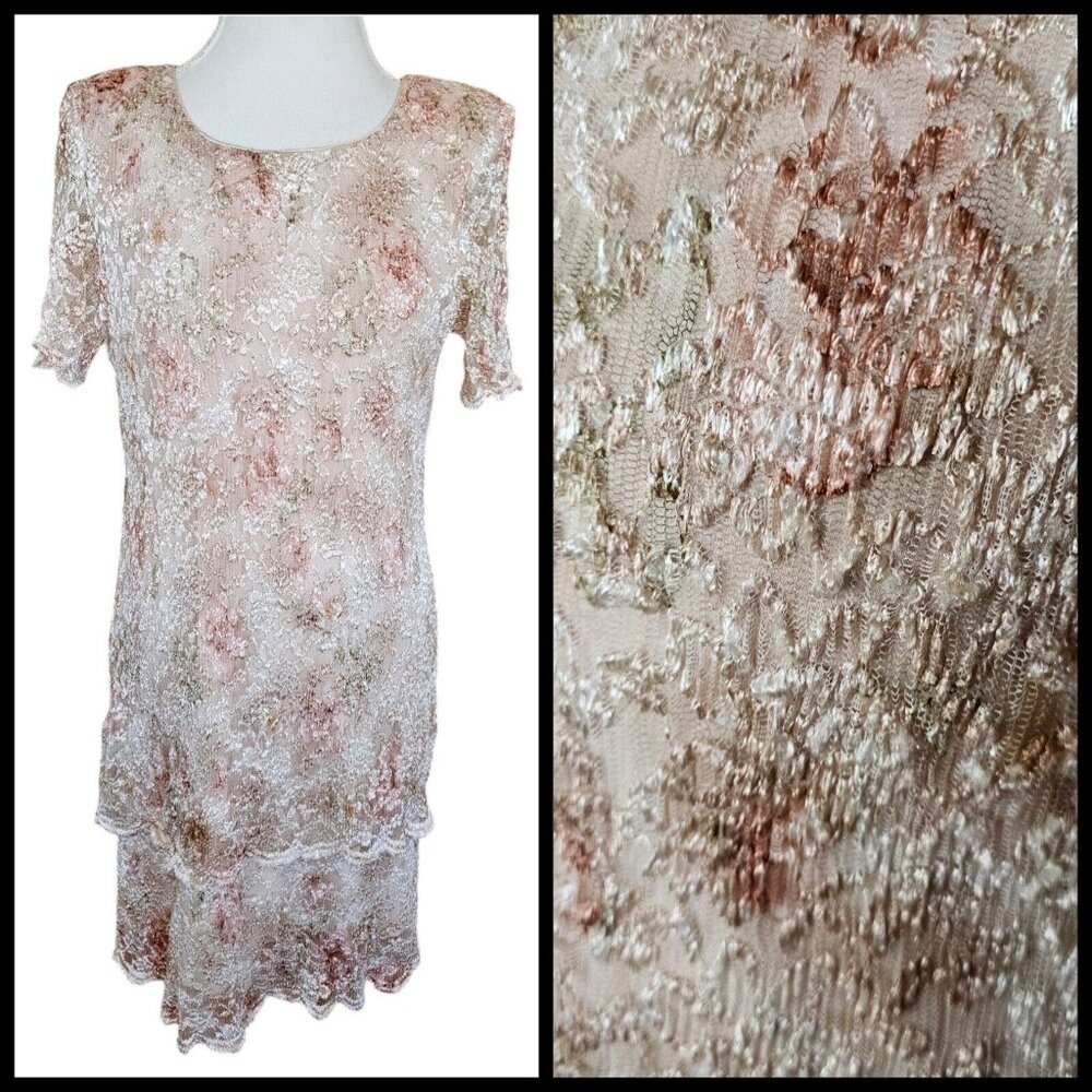 Vintage 90s Womens Large Cream Lace Dress Cottage Core Romantic Floral‎ Layered
